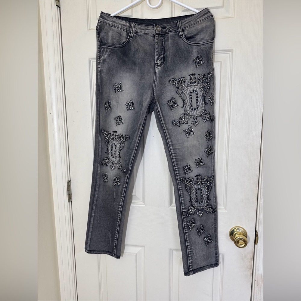 Women’s High Rise Jeans Size Large Gray With Embroidery Work
